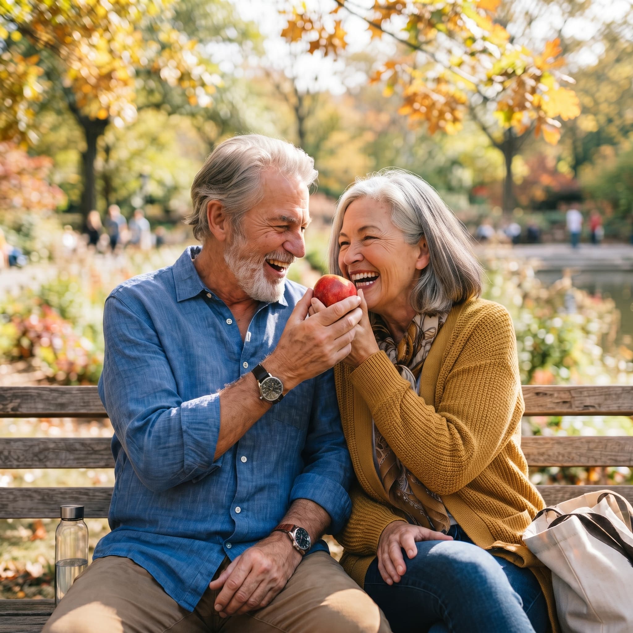 Couple confidently enjoying food with implant-supported dentures